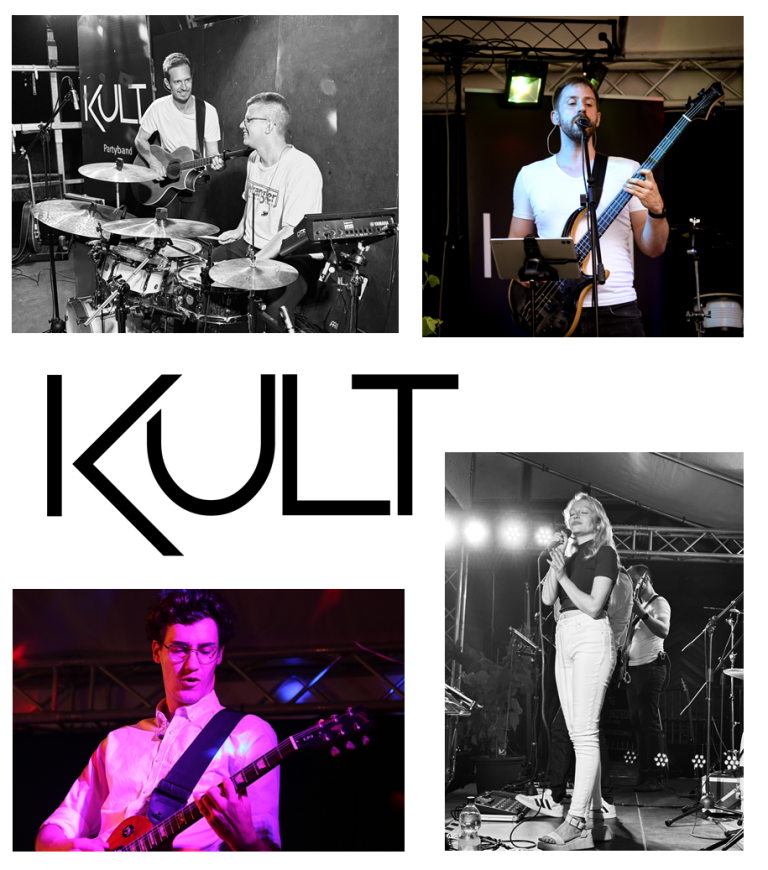 Bandmitglieder spielen verschiedene Musikinstrumente auf der Bühne. Der Name "KULT" ist deutlich sichtbar.